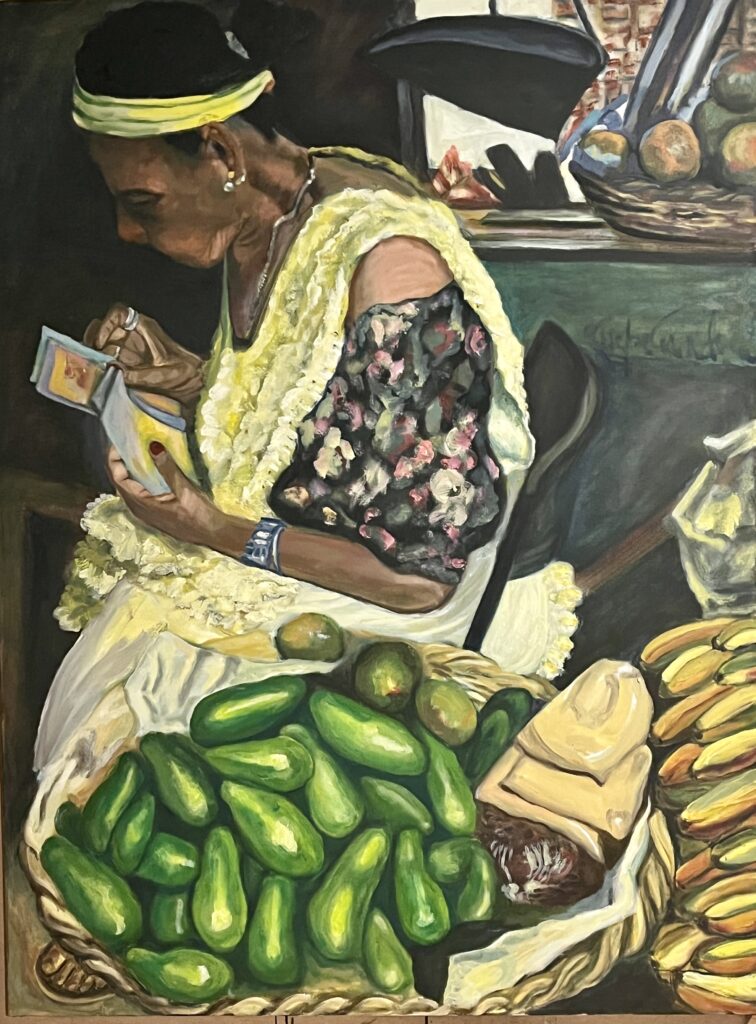 Óleos sobre lienzo Haciendo las cuentas , Mercado municipal de Granada, Nicaragua.